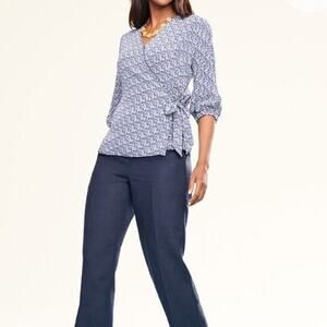 Talbots‎ Faux Wrap Top Sz L NWT Blue White 3/4 Sleeve Tie Waist Coastal Peasant